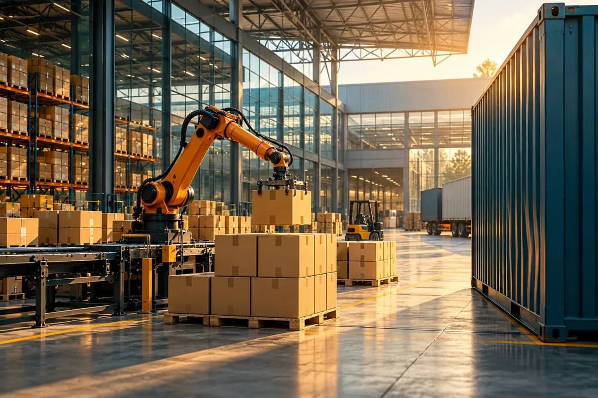 Modern industrial sourcing hub with a robotic arm, packed cartons and a shipping container